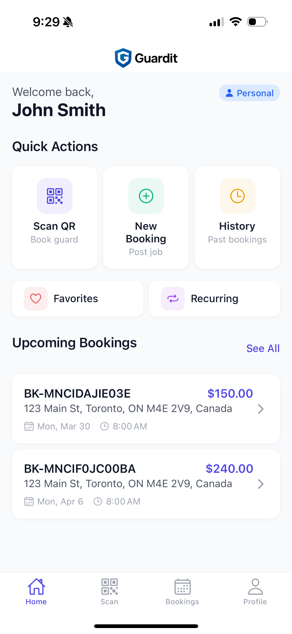 Client app home screen
